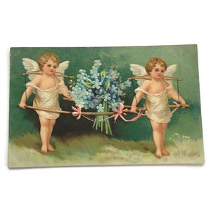 Antica cartolina in rilievo – Cherubini con nontiscordardime – timbro postale del 1907