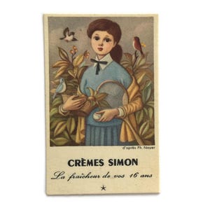 Vintage Crèmes Simon Parfum Karte – Philippe Noyer Illustration – Französische Kosmetik Werbung Ephemera