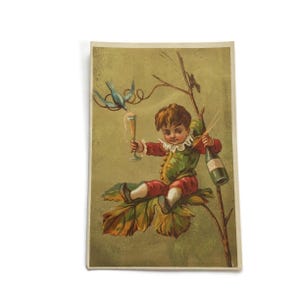Antieke Franse Trade Card – Baby met champagne en vogel – Fantasielithografie