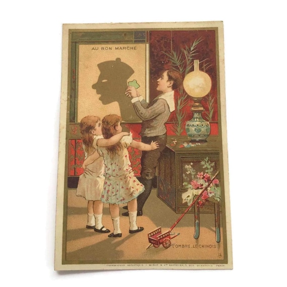 アンティークフランスのトレードカード - パリの影絵芝居をする子供