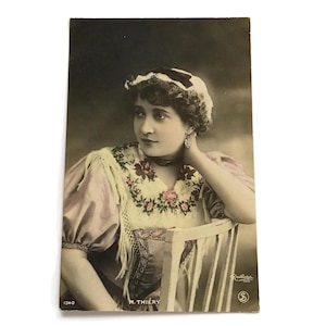 Hand-Tinted French Postcard – 1903 Actress Portrait M. Thiéry in Floral Shawl