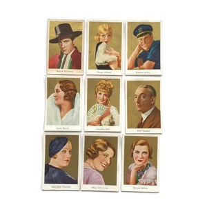 Figurine di sigarette degli anni &#39;30 – Set di 9 ritratti illustrati di star del cinema (serie Salem Goldfilm)