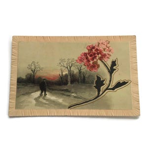 Antieke ansichtkaart met reliëf – Winters tafereel met rode hortensiabloem, | Kunstkaart jaren 1900