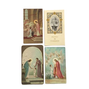 Lote de 4 estampas católicas antiguas – Estampas de comunión y María, década de 1900 – Textos en español y francés