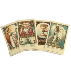 Set van 4 vintage Belgische heilige kaarten – Sint-Andreasabdij – Thema's Eucharistie en Wet van de Liefde