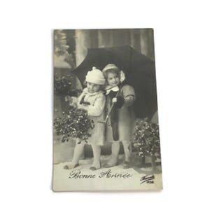 Cartolina vintage francese Bonne Année – Bambini di Capodanno del 1913, vischio, ombrello