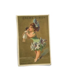 Vintage französische Handelskarte – Crème Simon Werbung – Immergrün „Erste Liebe“ Illustration
