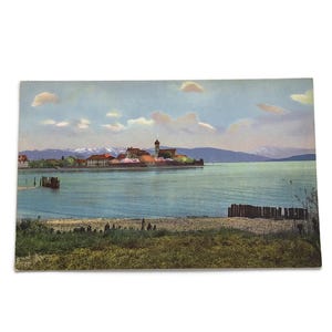 Carte postale vintage – Lac serein et scène de montagne – Paysage européen
