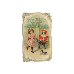 Vintage Williot Chicorée Trade Karte mit tanzenden Kindern, Puppe und Hund - französische Ephemera