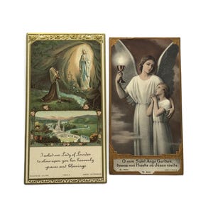 Lot de 2 cartes de vœux vintage françaises - Notre-Dame de Lourdes et son ange gardien - Première communion de 1939 - Relief, fabriquée en France