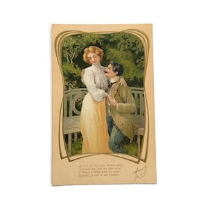 Postal romántica antigua - Escena de amor francesa - Tarjeta vintage en relieve - Publicada en la década de 1900