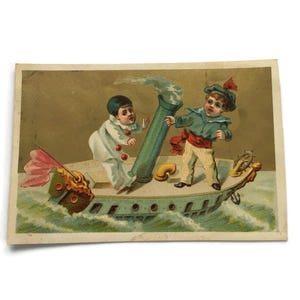 Antique Trade Card – Children on a Steamship – Pierrot & Sailor Scene