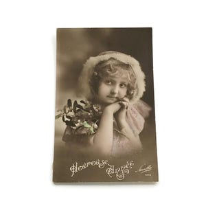 Antica cartolina francese - Felice Anno Nuovo Ragazza con Fiori