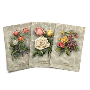 Set mit 3 Vintage österreichischen Blumenpostkarten - Zum Namenstag Grußkarten, Botanische Druckserie