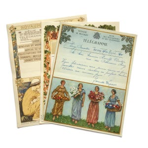 Telegramas de boda belgas antiguos / Conjunto de 3 ilustraciones de las décadas de 1930 y 1940 / Efímeras Art Nouveau con mensajes de felicitación