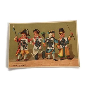 Cartão de troca francês vintage - "Vive La Joie!" - Tema de cartas de baralho do século XIX