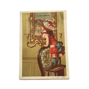 Antike französische Handelskarte – Mädchen bewunderndes Spiegelbild – viktorianische Werbung, Ephemera, c.1880s