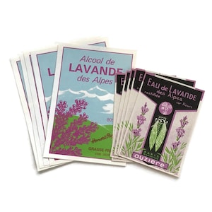 Etichette vintage di lavanda francese – Set di 10 etichette colorate per profumi e farmacie – Alcool e Eau de Lavande des Alpes