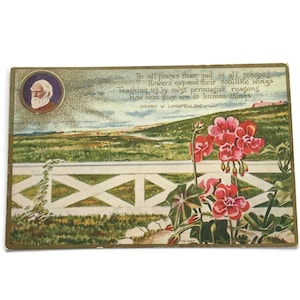 Postal antigua: cita de Henry W. Longfellow, ilustración floral de principios del siglo XX