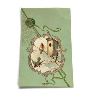 Antique Embossed Bird Postcard – Songbirds at Nesting Box on Green with Ribbon Detail