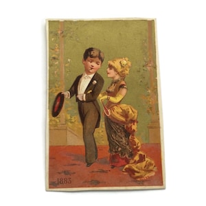 Antyczna francuska karta handlowa – 1883 Para w formalnym stroju wieczorowym (ok. 1880)