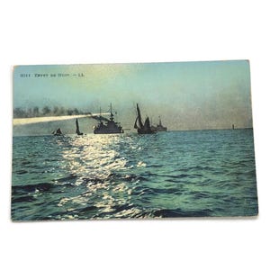 Antique French Postcard – 1910s Night at Sea, Naval Ships & Sailboats, Maritime Ephemera