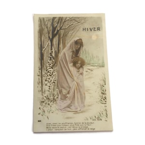 アール・ヌーヴォーのポストカード「春の季節」 – 手彩色の春の女神と詩 – 1905年 フランス ファンタジーカード