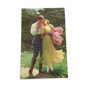Vintage Romantic Postcard – Lovers' Stroll in Nature – Art Nouveau Illustration