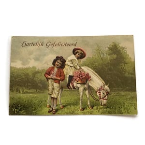 Cartolina olandese vintage - Hartelijk Gefeliciteerd - Bambini e pony