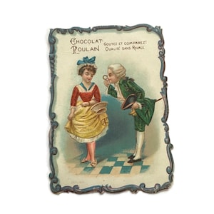 Antique French Trade Card – 18th-Century Style Scene – Die-Cut Advertising Ephemera (c. 1890s)