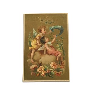 Französische Vintage Handelskarte – Viktorianische Engel & Blumen – Werbedruck aus dem 19
