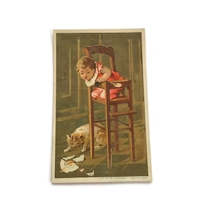 Victorian Baby & Broken Plate Trade Card - Chocolat Ibled, Vintage französische Werbung, 1890er Jahre Ephemera