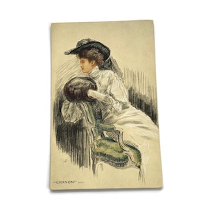 Postal antigua de Tuck: Dama eduardiana con vestido blanco, retrato de la serie &quot;Crayon&quot;