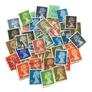 a collection of various colored postage stamps featuring the portrait of Queen Elizabeth II.