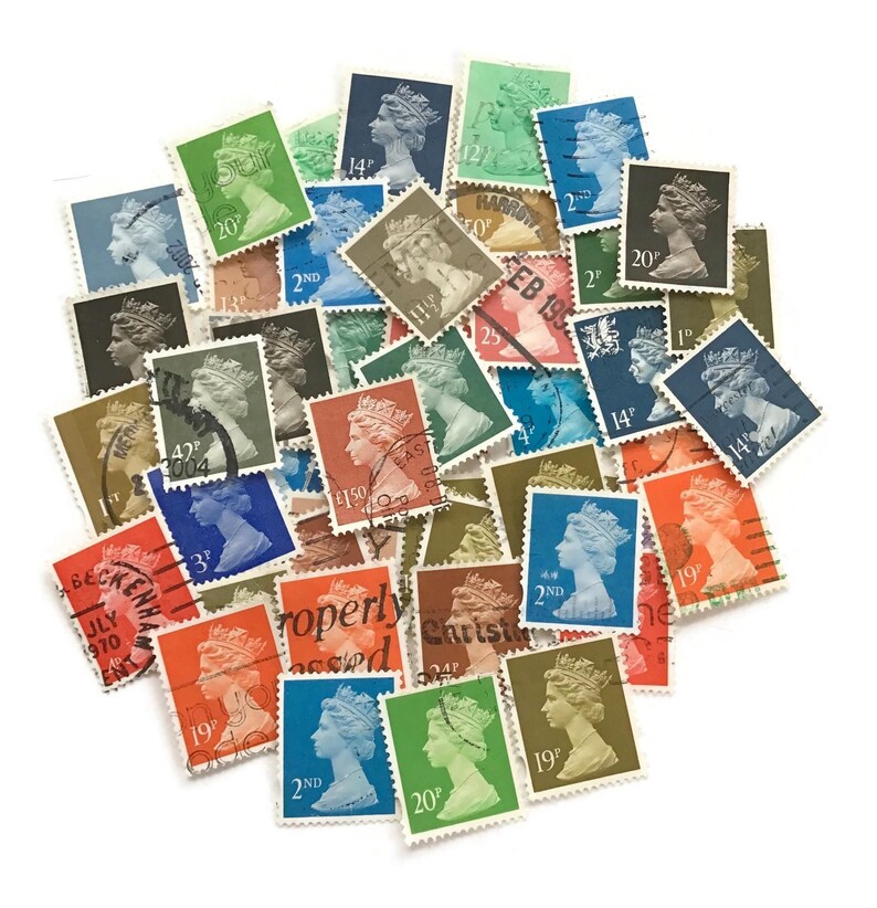 a collection of various colored postage stamps featuring the portrait of Queen Elizabeth II.