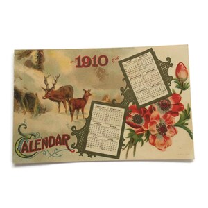 Carte postale ancienne calendrier 1910 – Cerf et illustration florale