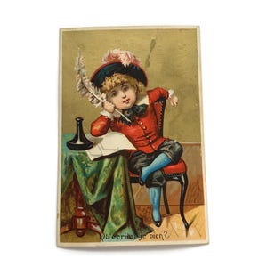 Antike französische Handelskarte – Kinderschreiber mit Feder – Farblitho c.1890s – Vintage-Werbung