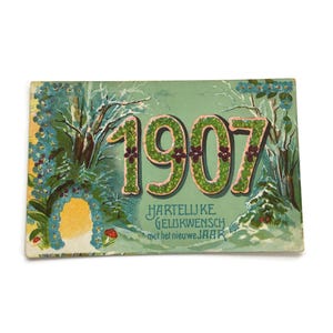 Ancienne carte postale du Nouvel An de 1907 – Voeux hollandais « Hartelijke Gelukwensch » – gaufrée et illustrée