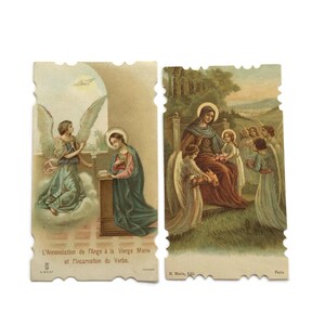 Lot de 2 cartes saintes anciennes, France – L'Annonciation et Vierge aux anges – Bords ornés, Éditions Paris, fin des années 1800