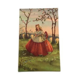 Cartolina d'epoca – Ragazza nel giardino primaverile – Scena romantica illustrata