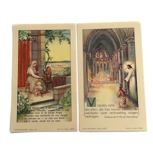 Paire d'estampes vintage Saintes – La filature de Marie et la prière de la cathédrale – Art religieux belge