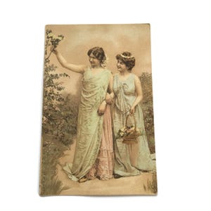 Tarjeta comercial antigua: damas elegantes con vestidos clásicos, impresión francesa del siglo XIX