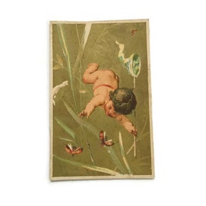 Antieke Victoriaanse Trade Card – cherubijn en vlinders – 19e-eeuwse Franse lithografie