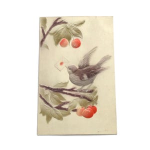 Carte postale ancienne en relief avec oiseau et cerises - Début des années 1900 - Carte de voeux allemande vintage