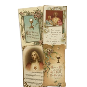 Set di 4 antiche immagini sacre francesi – Immagini del Sacro Cuore e della Comunione – Effimere di carta religiosa – Stampe cattoliche d'epoca