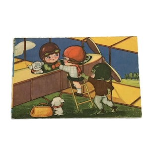 Postal vintage de 1929: Niños y avión: escena de aviación caprichosa