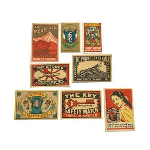 Set of 8 Vintage Matchbox Labels – Colorful Safety Match Advertising