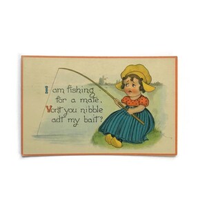 Antieke strippostkaart uit 1913 - vissen op een partner - schattig verdrietig meisje illustratie - vintage Valentijn humorkaart
