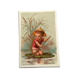Vintage French Trade Card - "Le Canotage" - Babykanoën op waterlelie - Kortstondige 19e-eeuwse