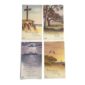 Set mit 4 Vintage französischen religiösen Karten - Illustrierte Andachtszitate - um 1950er Jahre